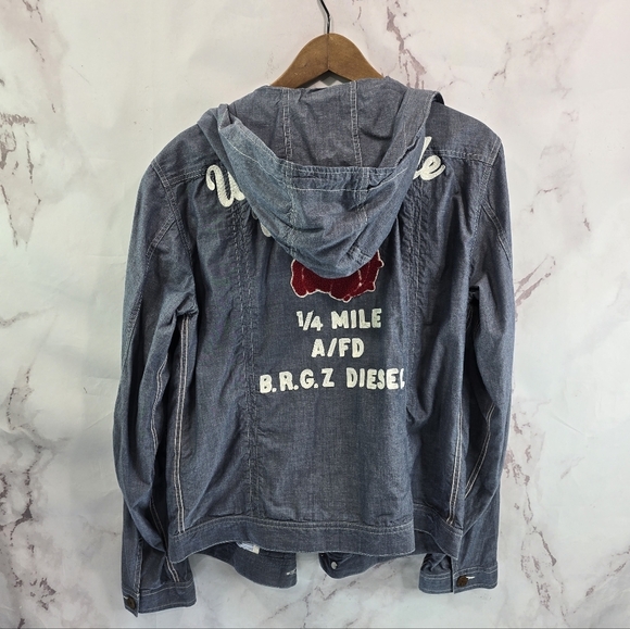 Diesel Jacket Mens Large Blue Hood Zip Chambray Varsity Yorksville Bulldog - Picture 1 of 13